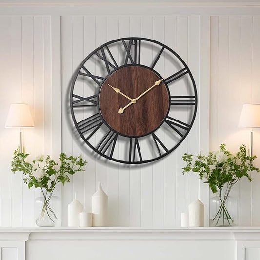 Vantic 24 Inch Large Wall Clock, Roman Numeral Wood Oversized Wall Clocks for Living Room Decor, Farmhouse, Bedroom and Kitchen, Completely Silent, Non Ticking, Battery Operated