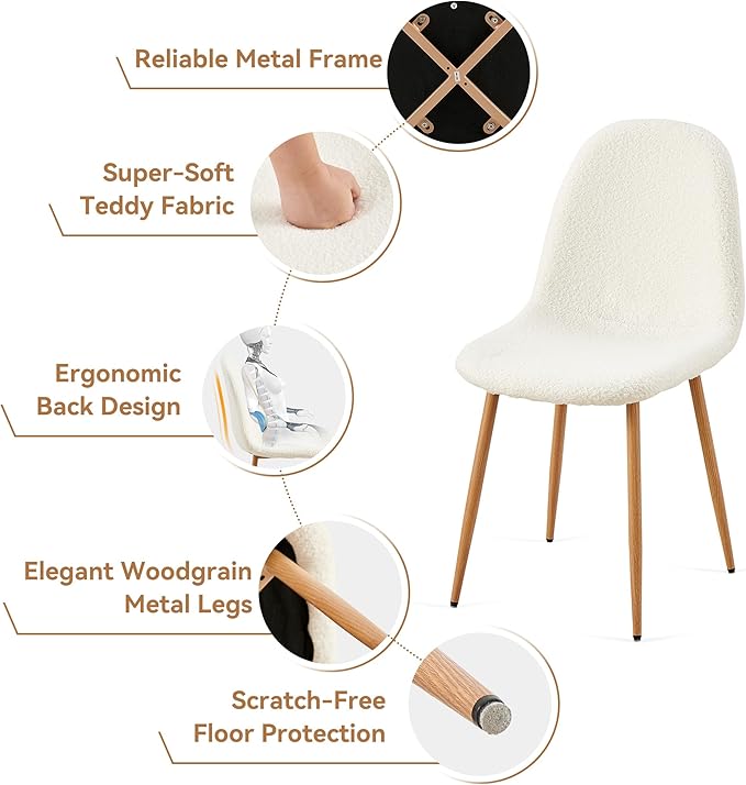 Howtek Mid-Century Modern Dining Chairs Set of 4, Plush White Teddy Fleece Upholstered Kitchen Side Chairs with Backrest & Metal Legs for Dining Room, Living Room, Apartment