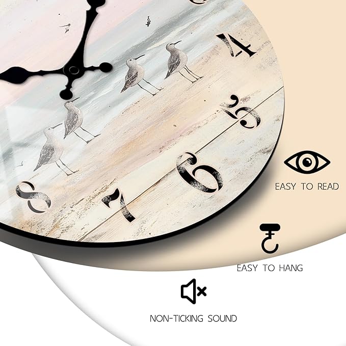 12 Inch Coastal Round Wooden Wall Clock for Farmhouse Decor, Coast Circular Wall-Clock Silent Battery Operated for Kitchen, Bedroom,Home Decorative