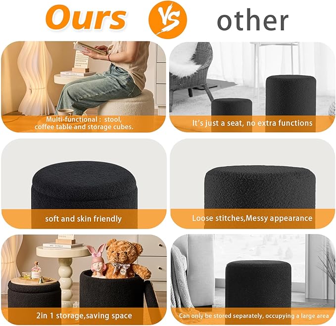 Round Ottoman with Storage Set of 2-Upholstered Sherpa Vanity Stool for MakeupMultifunctional Ottomans Coffee Table Padded Seat Foot Rest for LivingRoom&Bedroom(Sherpa, Black)