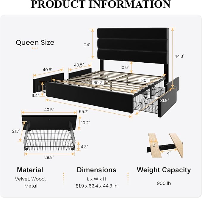 SHA CERLIN Queen Size Platform Bed Frame with 4 Storage Drawers, Velvet Upholstered Headboard, Mattress Foundation with Wooden Slats Support, No Box Spring Needed, Easy Assembly, Black