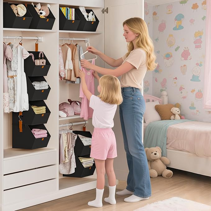 Hanging Closet Organizer 4 Tier - Clothes Hanging Shelves, Space-Saving Closet System, Fabric Storage Bins Bedroom Organization, Collapsible Baskets for Home, Dorm, Rv, Black