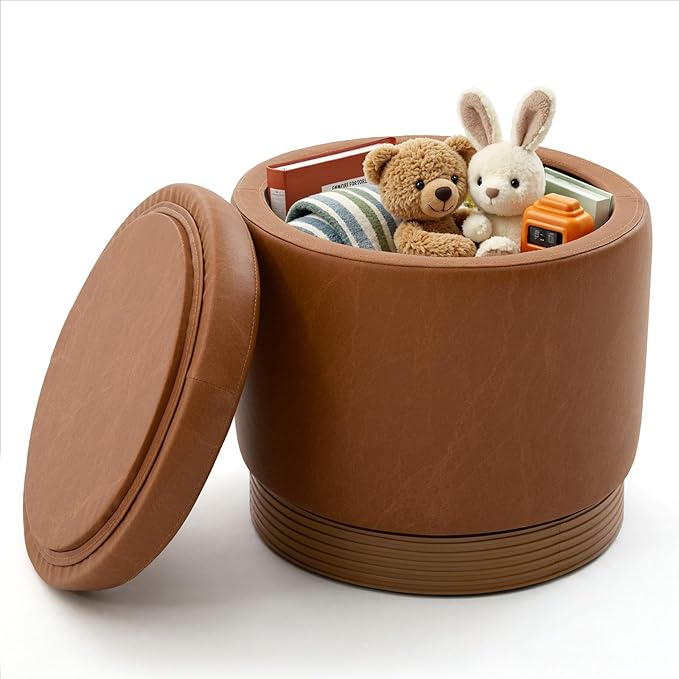 Round Storage Ottoman,Swivel Vanity Stool-Leather Foot Rest,Upholstered Footstool Pouf with Sturdy Acacia Wood Frame(500 lbs),Small Coffee Table & Hidden Storage Ottoman for Living Room