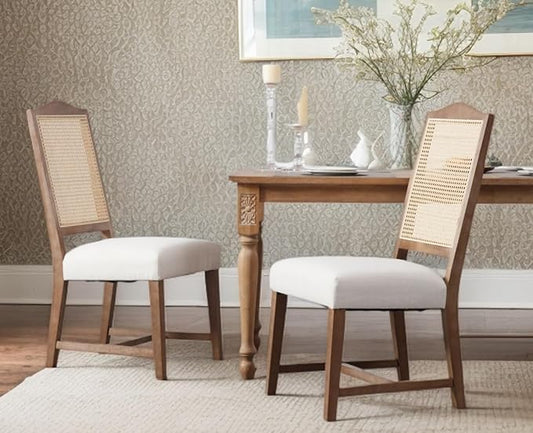 EALSON Rattan Dining Chairs Set of 2 Linen Upholstered Dining Room Chairs with Cane Back Mid Century Modern Kitchen Chairs Natural Wood Frame Side Chair for Dining Room, Beige