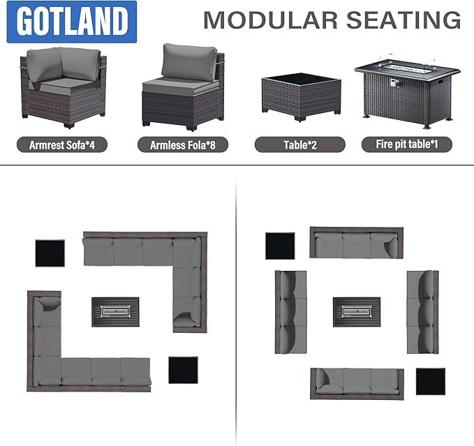 Gotland 15 Pieces Patio Furniture Set with Fire Pit Table, All Weather Rattan Outdoor Furniture with 29.5'' High Backrest 4’’ Thick Cushions Coffee Table, Patio Set for Porch, Deck, Backyard, Gray