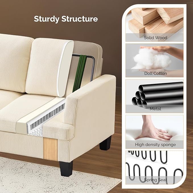 VINGLI Beige 83" Sofa Couches for Living Room, Corduroy Modern Comfy 3 Seater Couch 25.6" Deep Seat Upholstery Cozy Sofas for Small Space, Bedroom, Apartment, Home Office