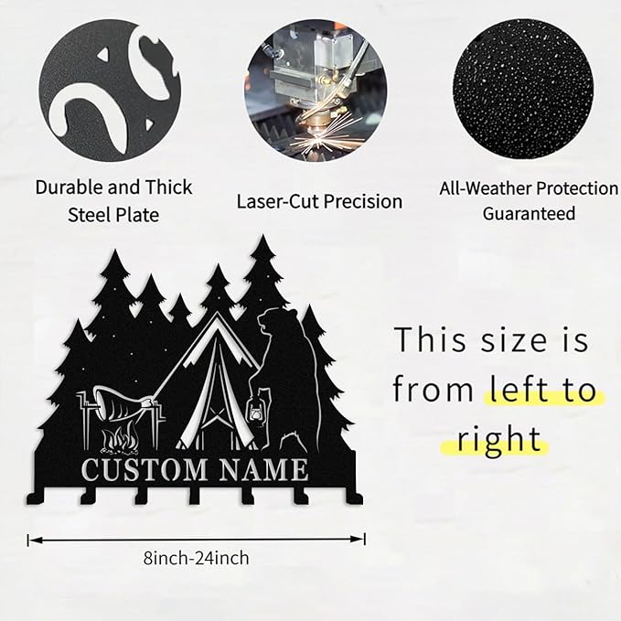 Personalised Metal Key Rack Hooks,Camp Theme Key Holder with Name,Custom Key Holder for Wall,Home Sweet Home Decor,Housewarming Gift Camp 1