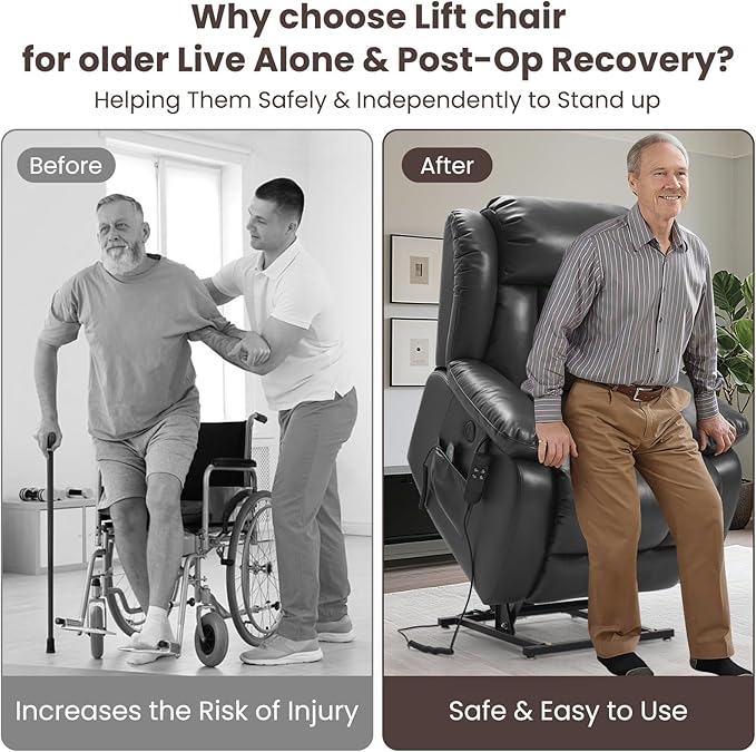 PARKOL Dual Motor Power Lift Recliner Chair for Elderly, 180-Degree Infinite Position Lay Flat Leather Recliner Chairs, with Massage and Heating, USB & Type-C Port and Remote (Brown, Medium)