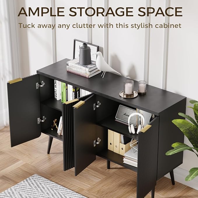 4-Door Fluted Sideboard Buffet Cabinet, 47" Large Storage Cabinet with Shleves, Wood Modern Accent Credenza Kitchen Table for Dining Room, Living Room & Entryway, Black