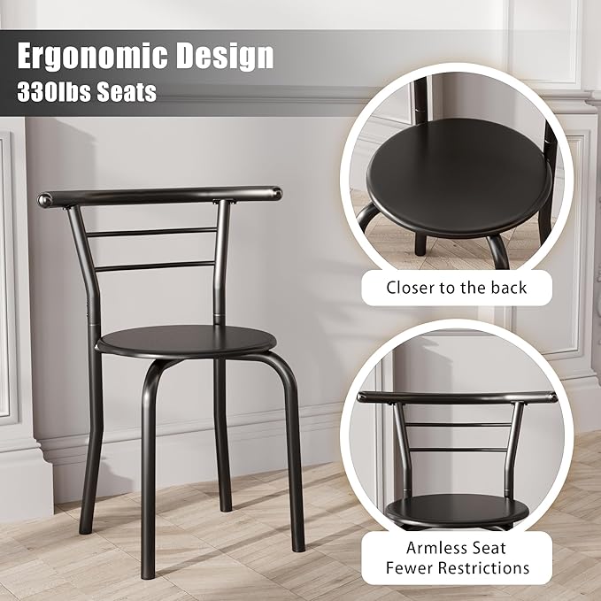 JUMMICO 3-Piece Wooden Round Table & Chair Set, Space Saving Kitchen Breakfast Nook Wood Grain Tabletop with Metal Frame and Built-in Wine Rack for Kitchen, Dining Room (Black)