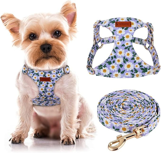 CHEDE No Pull Floral Pattern Dog Harness - Lightweight and Soft, Adjustable Small Dog Harness Set with Leash, Suitable for Puppy to Medium-Sized Dog