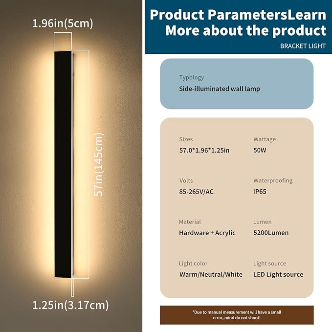 2 Pack Long Linear Outdoor Wall Light, 57inch LED Modern Wall Sconce, 3 Color 3000K/4500K/6000K, 50W, IP65 Waterproof, Exterior Porch Lighting Fixture for House, Garden, Garage