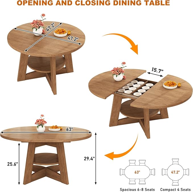47"-63" Extendable Dining Table for 4 5 6 People,63" Farmhouse Round Extending Dining Table w/Removable Leaves Space Saving,Wooden Adjustable Tables for Kitchen Office Living Room (Brown)