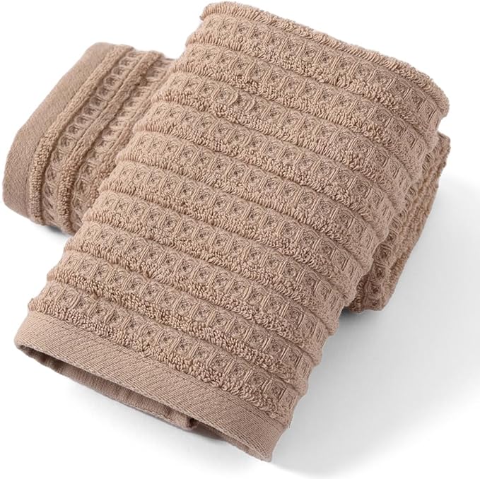 sense gnosis Brown Hand Towel Set of 2 Waffle with Terry Striped Pattern 100% Cotton Ultra Soft Absorbent Towels for Bathroom Kitchen Home 13 x 29 Inch