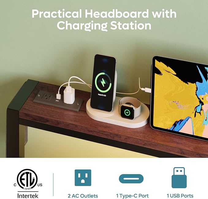 Bestier Twin Bed Frame with Storage Headboard and Charging Station, Walnut Platform Bed Frame with LED Light, Non-Slip Metal Bed Frame, Noise-Free, Easy Assembly,Brown