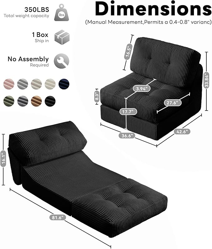 Tbfit Folding Sofa Bed, Convertible Sleeper Chair with Large Pillow, Corduroy Folding Couch Bed, Portable & Foldable Mattress Boneless Floor Sofa for Living Room, Bedroom, Office, Black, Single