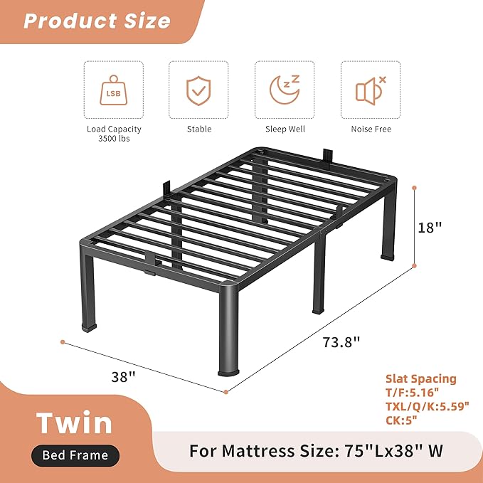 18 Inch Twin Heavy Duty 3500 lbs Bed Frame with Round-Corner Legs & Anti-Squeak Design – Quick Assembly Metal Platform, No Box Spring Needed