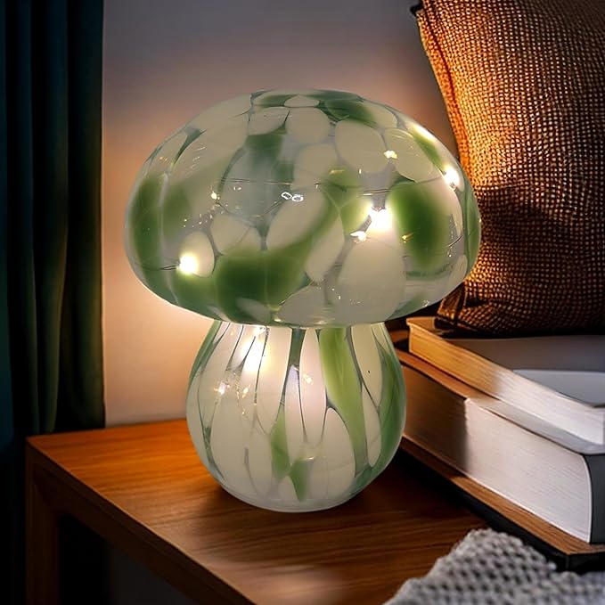 Mushroom Table Lamps Night Lights Cute Glass Nightstand Bedside Desk Lamps for Bedroom Living Study(Bulb Included) - Green
