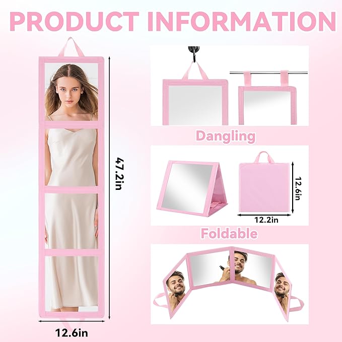 ROYALAY Foldable Full Length Mirror with Handle, 47 * 13in Four-fold Portable Mirror for Travel Makeup Dancing and Fitting Clothes, Pink