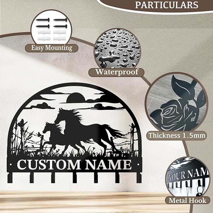 Custom Horse Key Hook - Personalized Forged Iron Wall Keys Holder with Equestrian Design, Black Metal Home Decor for Horse Theme Lovers (Style B)