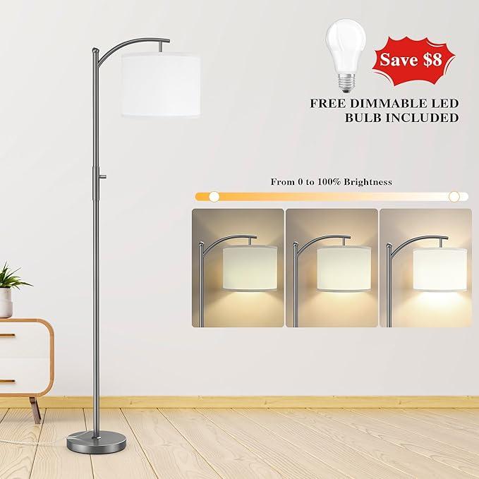 Dimmable Floor Lamp, Arc Floor Lamps for Living Room, Stepless Dimming Modern Standing Lamp with Linen Shade, Tall Lamp for Bedroom Office Dining Room- Grey