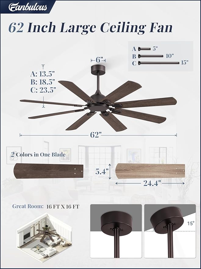 Fanbulous 62 Inch Ceiling Fans No Light with Remote, Modern Ceiling Fan without Light, Dual Finish 8 Blades, Reversible DC Motor, 6 Speed, Large Ceiling Fan for Indoor or Covered Outdoor, Oil Bronze