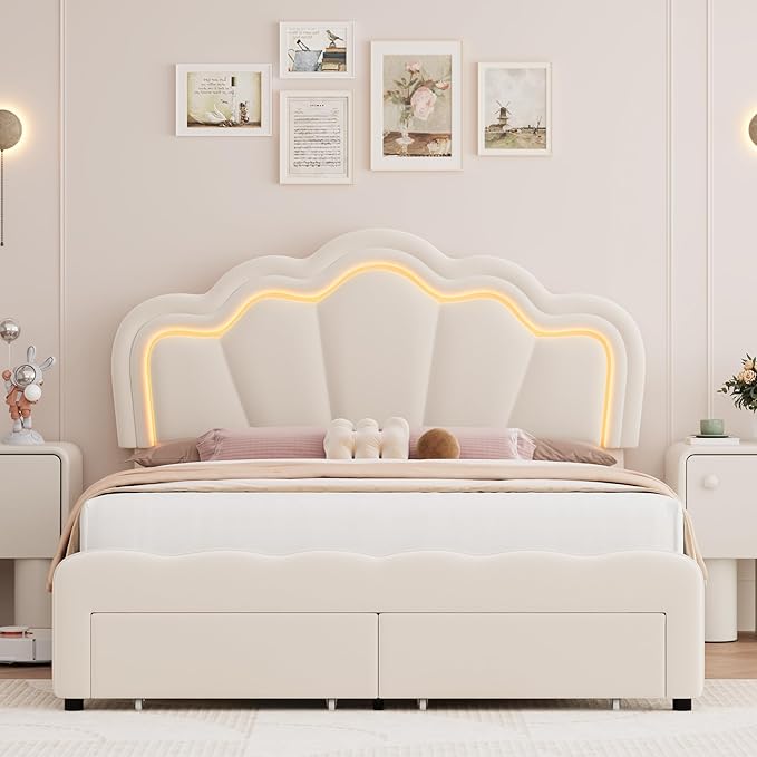 HOSTACK Full Upholstered LED Bed Frame with Storage Drawers, Cute Girls Bed with Adjustable Lotus Headboard, Velvet Princess Platform Bed Frame, Wooden Slats Support, No Box Spring Needed, Cream