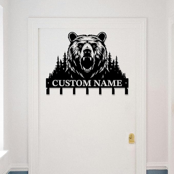 Personalized Custom Name Bear Key Wall Hooks,Metal Bear Keys Clothes Hooks,Metal Bear Wall Home Storage Decorative,For Front Door, Hallway, Kitchen, Bedroom,Keys,Hats (Style O)