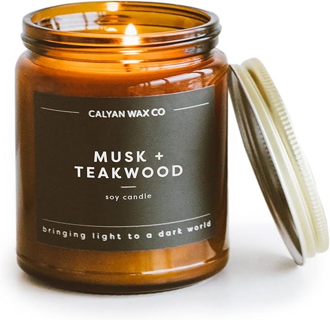 Calyan Wax Co. Musk & Teakwood Scented Candle - 57 Hour Burn - Luxury Non Toxic Soy Wax Candles - Long Lasting Amber Glass Jar Candle for Home - 7.2oz