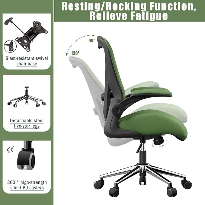 Green Ergonomic Office Desk Chair, Soft Fabric Thickened Curved seat Cushion with Adjustable Lumbar Support, Perfect Blend of Comfort and Good Looks, Ideal Chair for Home or Office, Green