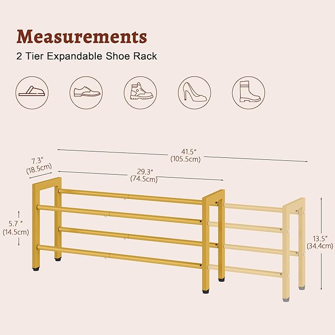 FAVOOSTY 2-Tier Expandable Shoe Rack, Adjustable Shoe Shelf Storage Organizer Space Saving Metal Free Standing Shoe Rack for Entryway Closet Doorway, Gold