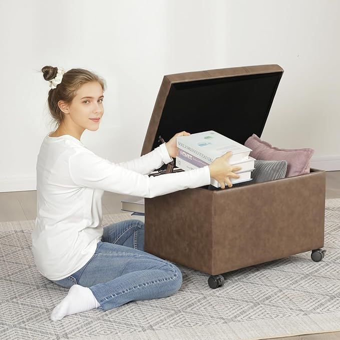 Joveco 24" Linen Storage Ottoman Bench with Wheels, Rectangle Foot Rest Stool for Living Room, Bedroom, Entryway, Earthy Light Brown Veining