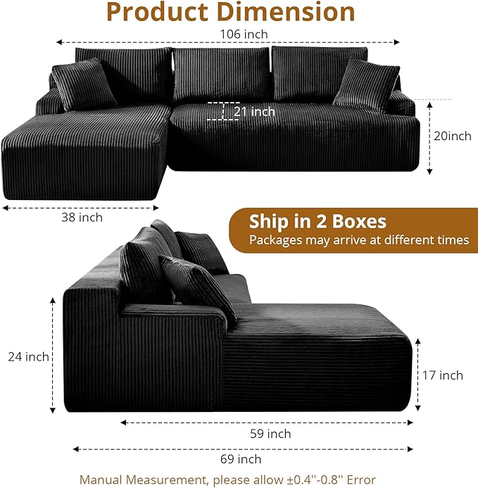Sectional Cloud Couch for Living Room L Shaped Couch with 3 Seat Ind. Chaise Longue Corduroy Fabric Boneless Modular Modern Sofa with Pillows for Apartment and Small Space