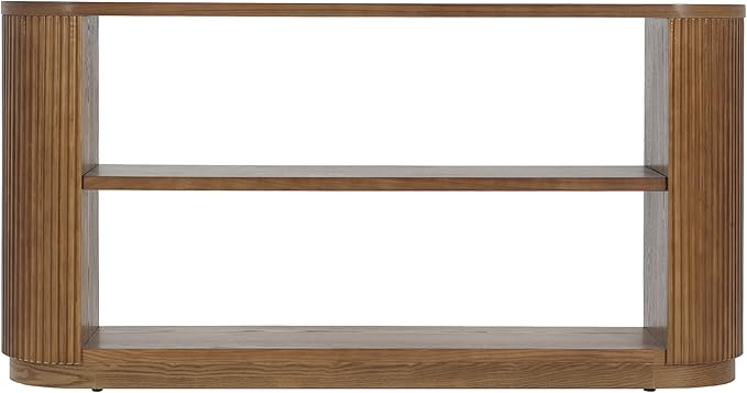 Modern Curved Console Table for Entryway, Farmhouse Solid Wood Fluted Sofa Table with Open Shelf & Elegant Wood Grain, Oval Long Foyer Table for Entry Way Hallway Living Room-58.9" Brown