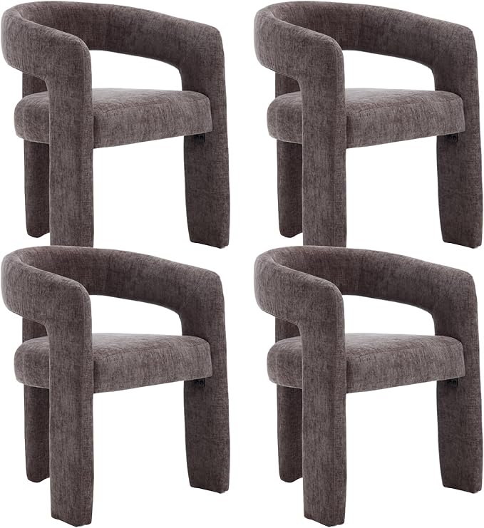 Modern Chenille Dining Chairs Set of 4, Upholstered Barrel Chairs with Arms Comfy Accent Side Chairs for Living Room/Dining Room/Reception, Charcoal Black