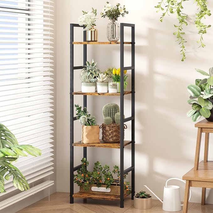 4 Tier Bookshelf, Small Book Shelf Industrial Bookcase, Metal Narrow Book Case Book Storage Organizer,Bookshelves for Bedroom Office Living Room(4 Tier,Rustic Brown)