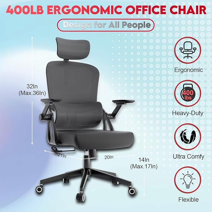 Ergonomic Office Chair - 400LB Comfy Desk Chairs with Adjustable Headrest and Lumbar Back Support, Mesh Computer Chairs with Wheels and Arms for Home Office, Study, Bedroom and Dorm (01grey)