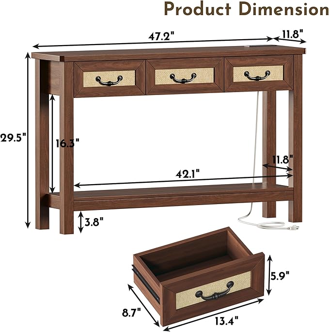 47.2" Console Table with 3 Rattan Drawers, Long Sofa Table with Storage Behind Couch, Farmhouse Entryway Table with Power Outlet & Open Storage for Entrance/Hallway/Foyer/Living Room, Walnut