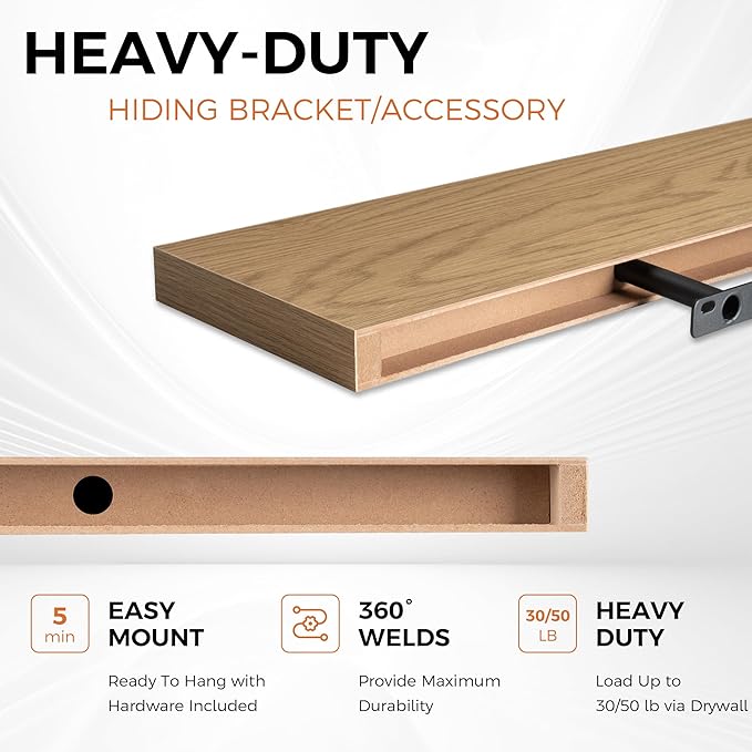 Fun Memories Floating Shelves for Wall, 30" Rustic Wood Deep Wall Mounted Shelves with Invisible Brackets for Decor & Storage, Floating Shelf for Living Room, Bathroom (Oak, Set of 2)