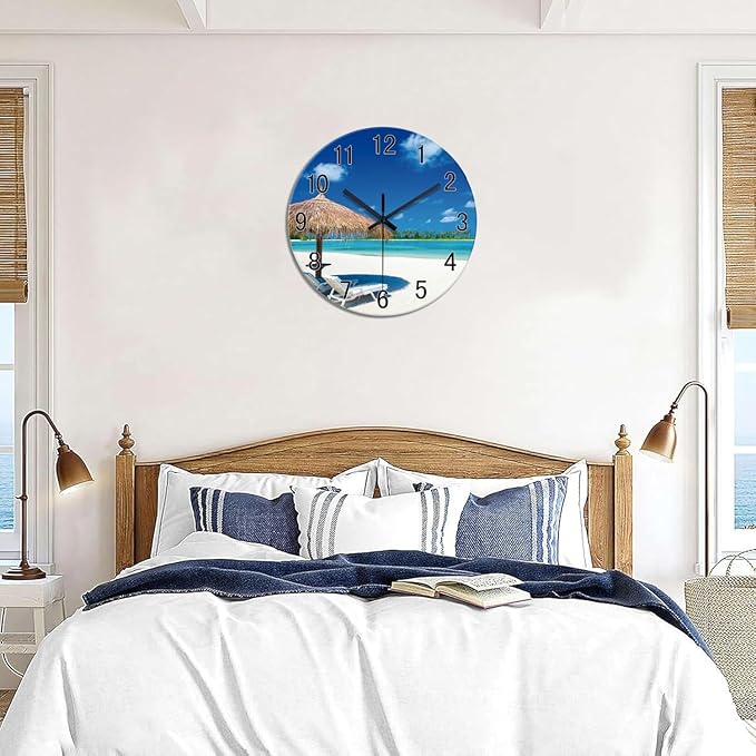 XFM Beach Wall Clock Battery Operated 16 Inch Blue Ocean Glass Wall Clocks Silent Non Ticking Tropical Summer Coastal Clock for Bedroom Living Room Office