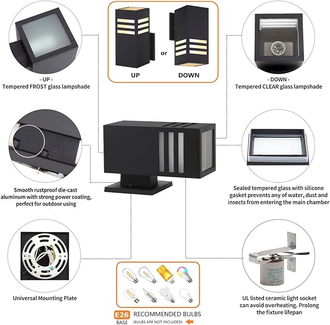 Outdoor Wall Lantern, Exterior Light Fixture - ETL Listed, Aluminum Anti-Rust Waterproof Wall Mount Rectangular Design – 1-Direction Up/Down Wall Sconce for Porch, Garage, Doorway or Patio