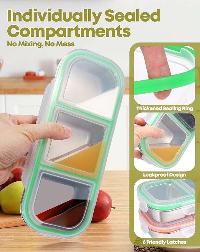 2Pack Stainless Steel Snack Containers for Kids Adults, Reusable 3 Compartment Snackle Box Container with Leakproof Lids Metal Bento Lunch Food Snack Boxs for Travel Picnics Camping Office School