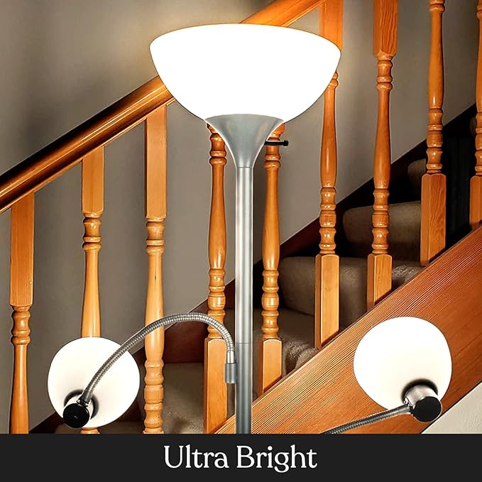 Brightech Sky Dome Double LED Floor lamp, Torchiere Super Bright Floor Lamp with 2 Reading Lamps for Living Rooms & Offices - Dimmable Tall Standing Lamp for Bedroom Reading - Tall Silver Pole