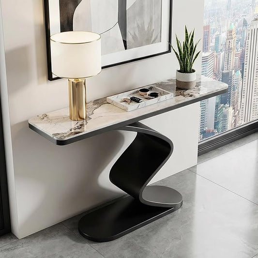 Modern Console Table with Sintered Stone Top, 47" Entryway Table with Sculptural S-Shaped Base Narrow Hallway Sofa Table Behind Couch for Living Room, Accent Furniture(Black,39.3"x11.8"x31.5")