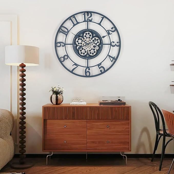 24 Inch Large Wall Clocks for Living Room Decor with Moving Gears,Large Wall Clock Industrial Steampunk,Oversized Metal Analog Wall Clocks for Farmhouse Home Battery Operated