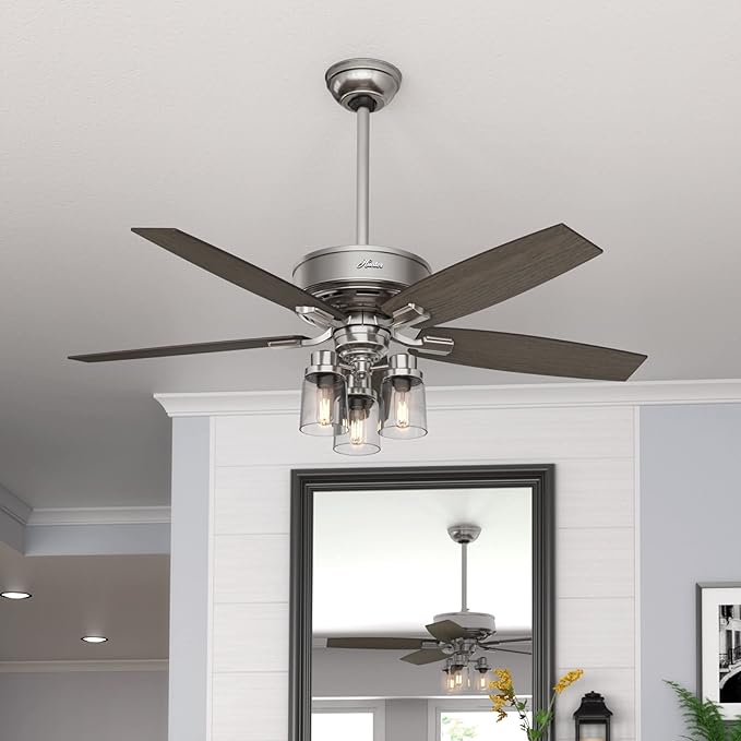 Hunter 52 inch Indoor Ceiling Fan with LED Lights and Remote Control - Standard Mount Ceiling Fan, 5 Blades, For Bedroom, Living Room, or Kitchen, Quiet - Bennett 54190, Brushed Nickel