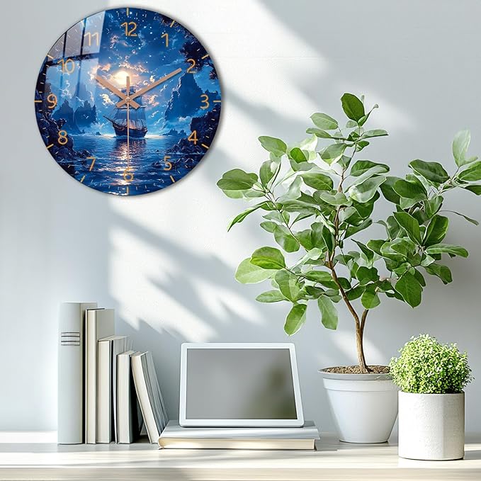 Modern Blue Wall Clock 14 inch Wooden Beach Boat Wall-Clock with Tempered Film Round Silent Analog Clock for Bedroom, Office, Living Room Decor