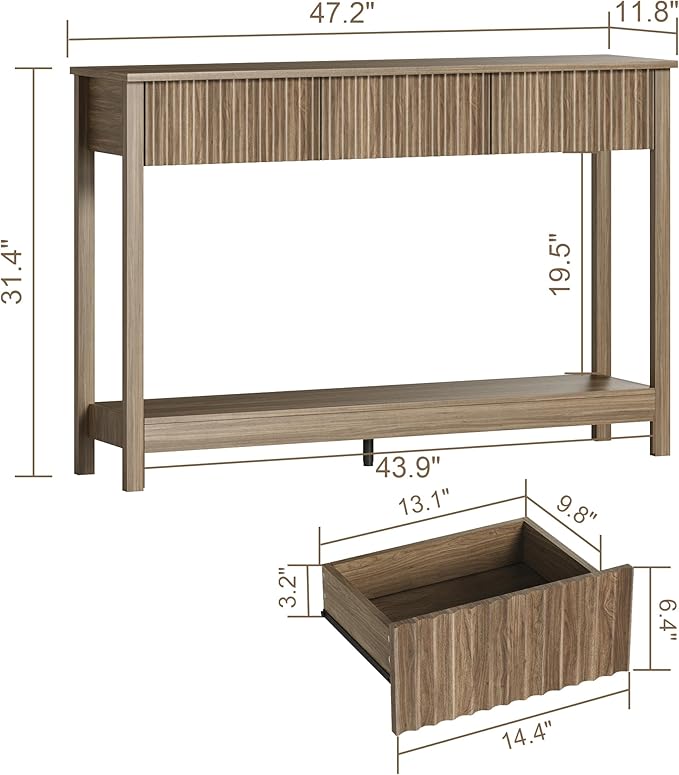 Treocho 47" Console Table with Drawers, Fluted Narrow Entryway Table with Open Shelf, Farmhouse Sofa Table Behind Couch for Hallway, Living Room, Brown Walnut