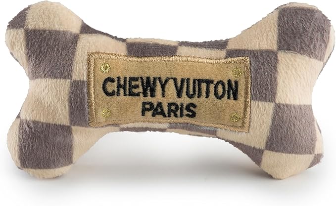 Haute Diggity Dog Checker Chewy Vuiton Bone, Plush Designer Dog Toys with Interactive Squeaker, Stimulating Pet Enrichment, Machine-Washable & Safe Materials for All Breeds, Size Small