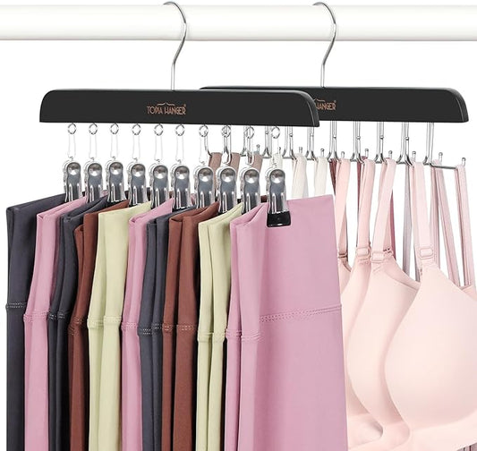 TOPIA HANGER 2 Pack Bra Hanger with Leggings Organizer, 2-in-1 Space Saving Hangers Neatly Store Max 20 Bras and 10 Leggings, Pants Jeans Shorts Skirt Tank Top Hanger for Closet Black CT76B